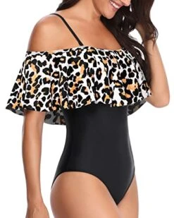 Women's Long Torso Off Shoulder One Piece Swimsuits-Black And Leopard -Bikini Beach Shop 41fPmAi777L d3eea78e 7bc3 4c03 871e 3c2d7a306660