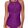 Women's Mesh Plunge Neckline Ruched Monokini One Piece Swimsuit-Purple
