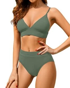 Classic High Waisted Bikini Set Two Piece Triangle Bathing Suits-Olive Green -Bikini Beach Shop 41fYldFcVrL