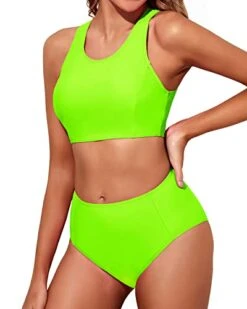 Two Piece High Waisted Bikini Set Full Coverage Bottom For Women-Neon Green -Bikini Beach Shop 41fbBQQuFuL
