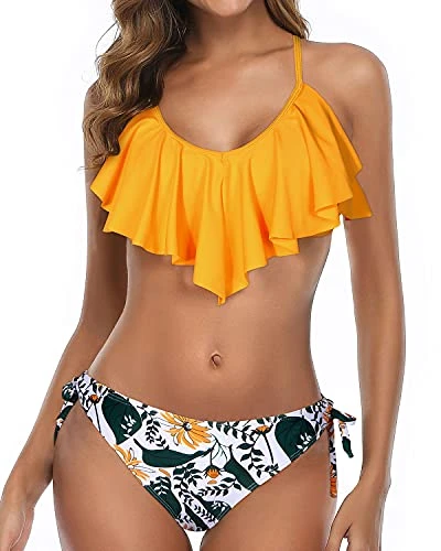 Two Piece Flounce Bikini Side Tie Bottom Ruffled Bikini For Women-Yellow Floral 1 Two Piece Flounce Bikini Side Tie Bottom Ruffled Bikini For Women-Yellow Floral