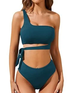 Sexy Two Piece High Waisted One Shoulder Bikini Set High Cut Bottoms-Teal 6 Sexy Two Piece High Waisted One Shoulder Bikini Set High Cut Bottoms-Teal -Bikini Beach Shop 41fpXET6KIL
