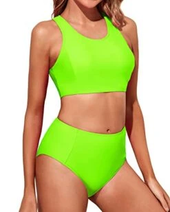 Two Piece High Waisted Bikini Set Full Coverage Bottom For Women-Neon Green