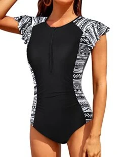 Women's Tummy Control Short Sleeve One Piece Rash Guard-Black Tribal -Bikini Beach Shop 41gCIRjJrBL