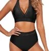 2 Piece High Waisted Deep V Neck Two Piece Swimsuits For Women-Black