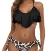 Adjustable Spaghetti Straps Women Cross Back Bathing Suit-Black And Leopard