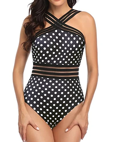 Tummy Control Mesh Panel Sexy One Piece Swimsuits-Black Dot 1 Tummy Control Mesh Panel Sexy One Piece Swimsuits-Black Dot