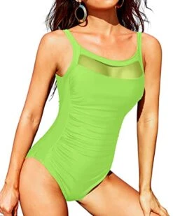 Vintage Tummy Control Bathing Suits Padded Push Up Bra Ruched Tummy Control Swimwear-Neon Green -Bikini Beach Shop 41goanVsTjL