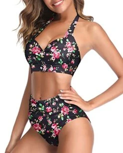 High Waist High-Cut Legs Halter Ruched High Waist Bikini-Black Floral -Bikini Beach Shop 41gpC6p5i1L 3d1a74ce ba22 47c6 af83 f0118c4bc605