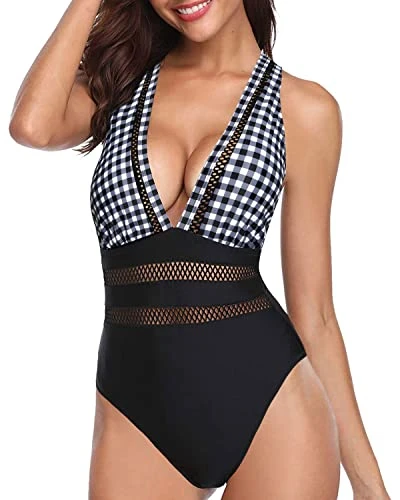 Chic Hollow Out Long Torso One Piece Bathing Suit-Black And White Checkered 1 Chic Hollow Out Long Torso One Piece Bathing Suit-Black And White Checkered