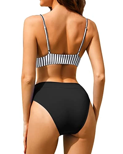 Stylish High Waisted Bikini Set Two Piece Triangle Bathing Suits-Black And White Stripe 2 Stylish High Waisted Bikini Set Two Piece Triangle Bathing Suits-Black And White Stripe - Image 2