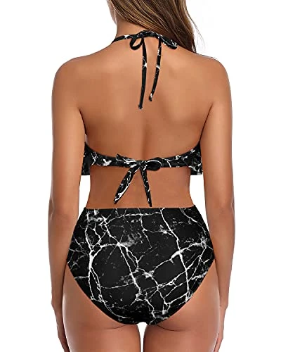 Sultry Backless Two Piece Swimsuits Ruffled Halter Top For Teens-Black Marble 2 Sultry Backless Two Piece Swimsuits Ruffled Halter Top For Teens-Black Marble - Image 2