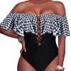 Flirty Lace-Up Off-Shoulder One Piece Swimsuit For Women-Black And White Checkered