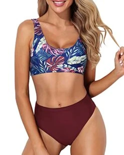High Cut Scoop Neck Bikini Crop Top High Cut Swimsuit-Purple Leaf