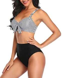 Ruched Tummy Control Women Two Piece High Waisted Bikini Set-Black And White Stripe 7 Ruched Tummy Control Women Two Piece High Waisted Bikini Set-Black And White Stripe -Bikini Beach Shop 41htadghAjL