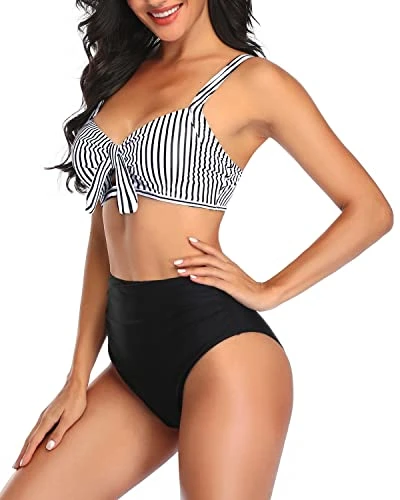 Ruched Tummy Control Women Two Piece High Waisted Bikini Set-Black And White Stripe 4 Ruched Tummy Control Women Two Piece High Waisted Bikini Set-Black And White Stripe - Image 4
