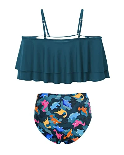 Charming High Waisted Ruffle Bikini Set For Women-Blue Green Dinosaur 4 Charming High Waisted Ruffle Bikini Set For Women-Blue Green Dinosaur - Image 4