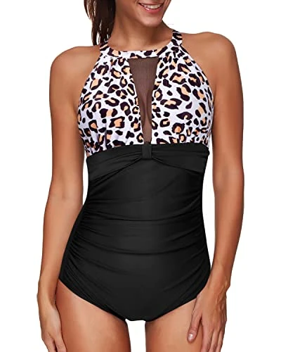 Stylish Ruched Push-Up Monokini Swimsuit Deep Plunge For Women-Black And Leopard 1 Stylish Ruched Push-Up Monokini Swimsuit Deep Plunge For Women-Black And Leopard