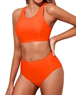 High Waisted Bikini Set Full Coverage Bottom-Neon Orange -Bikini Beach Shop 41i1kqp mJL