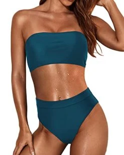 Women Two Piece Bandeau Swimsuit High Cut Bathing Suits Cheeky High Waist Bikini Set-Teal