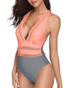 Sexy And Chic Hollow Out V Neck Monokini One Piece Swimsuits-Coral Pink Stripe -Bikini Beach Shop 41iL4fSMvPL 46d11bf1 7bc0 498a b555 ab425f93410a