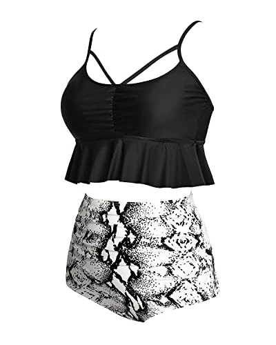 Flounced Two Piece Tummy Control Swimsuits For Women Tummy Control Bikini Sets-Black And White Snake Print 2 Flounced Two Piece Tummy Control Swimsuits For Women Tummy Control Bikini Sets-Black And White Snake Print - Image 2