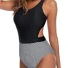 Removable Padded Bras Support Women One Piece Swimsuits-Black Stripe