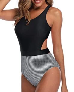 Removable Padded Bras Support Women One Piece Swimsuits-Black Stripe