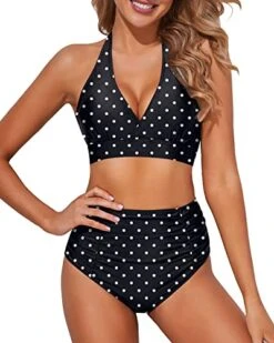 Figure Flattering Two Piece High Waisted Bikini Set-Black Dot