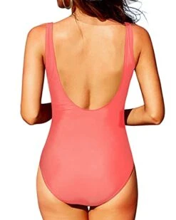 Attractive And Slimming Ruched Tummy Control Swimwear-Coral Pink -Bikini Beach Shop 41iZgLoWw6L