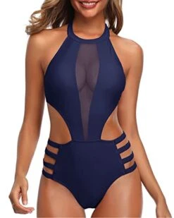 Bikini Beach Shop 23 Attractive Mesh Cutout Halter Monokini Swimwear For Women-Navy Blue