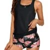 Athletic 3 Piece Tankini Swimsuit Boy Shorts For Women-Black Orange Floral