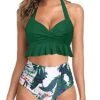 Ruched High Waisted Bikini Two Piece Swimsuits-Green Tropical Floral