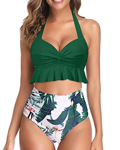 Ruched High Waisted Bikini Two Piece Swimsuits-Green Tropical Floral 1 Ruched High Waisted Bikini Two Piece Swimsuits-Green Tropical Floral