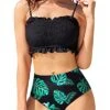 High Cut Bandeau Two Piece Bikini Tummy Control Bottoms-Black Leaf