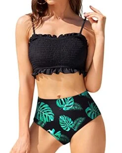 High Cut Bandeau Two Piece Bikini Tummy Control Bottoms-Black Leaf