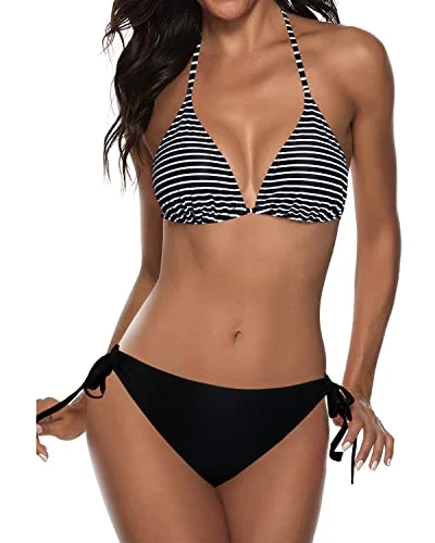 Push Up Enhancement Cheeky Triangle Bikini Bathing Suit-Black And White Stripe 1 Push Up Enhancement Cheeky Triangle Bikini Bathing Suit-Black And White Stripe