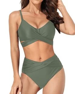 High Waisted Bikini Bottom Push Up Criss Cross Push Up Bikini-Olive Green