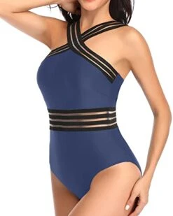 Removable Padded Push Up Bras One Piece Front Crossover Swimwear-Blue -Bikini Beach Shop 41jf ka81HL a8c91640 a2ad 47c6 b239 779f5bfddc86