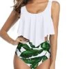 Two PiecePush Up Bras Women Ruffled Flounce Bikini Swimsuit-White Leaf