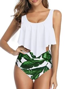 Two PiecePush Up Bras Women Ruffled Flounce Bikini Swimsuit-White Leaf