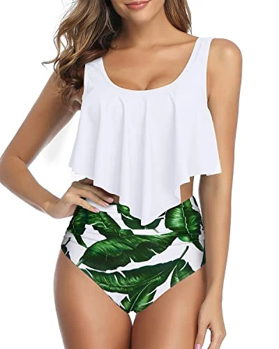 Two PiecePush Up Bras Women Ruffled Flounce Bikini Swimsuit-White Leaf 1 Two PiecePush Up Bras Women Ruffled Flounce Bikini Swimsuit-White Leaf