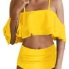 Two Piece Cute Ruffle Sleeve High Waisted Bikini Set Swimsuit-Neon Yellow