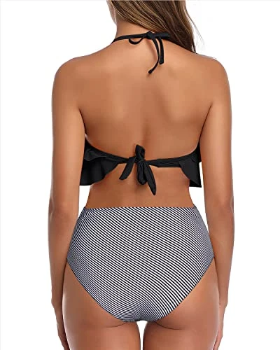 Flattering Ruffle Halter Bikini Set Tummy Control Bottoms For Women-Black Stripe 2 Flattering Ruffle Halter Bikini Set Tummy Control Bottoms For Women-Black Stripe - Image 2