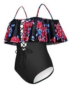 Lace-Up Strapless Bathing Suit For Ladies-Black And Red Floral -Bikini Beach Shop 41kAeegBTxL
