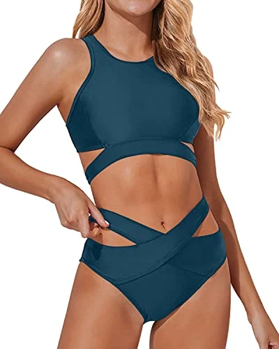 High Neck Bikini Set Cutout Strappy Two Piece Swimsuits-Teal 3 High Neck Bikini Set Cutout Strappy Two Piece Swimsuits-Teal - Image 3