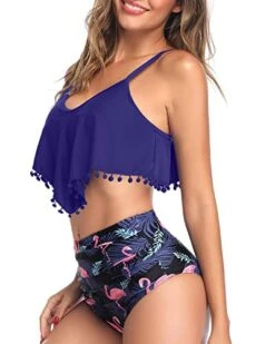 Tassel Trim Chic Tropical High Waisted Bikini-Blue Flamingo -Bikini Beach Shop 41kPvBH1EfL