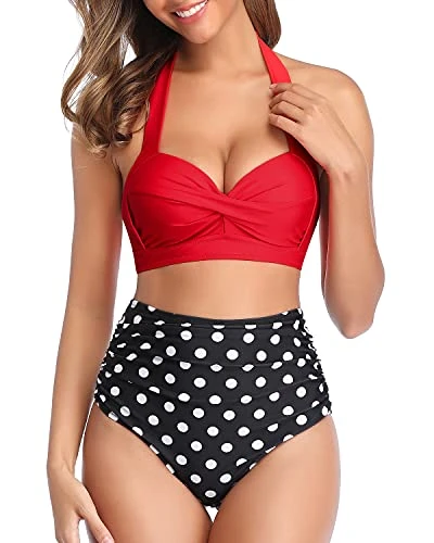 Two Piece Vintage Swimsuit High Cut Bikini Bottom-Red Dot 2 Two Piece Vintage Swimsuit High Cut Bikini Bottom-Red Dot - Image 2