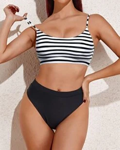 Fashionable High Waisted Bikini Sporty Scoop Neck Swimsuits-Black And White Stripe -Bikini Beach Shop 41k 9hysMKL
