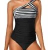 Women's Ruched Tankini Swimsuit One Shoulder Top & Shorts-Black And White Stripe